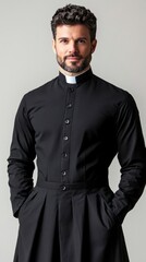 Obraz premium A young man wearing a black clerical shirt and cassock