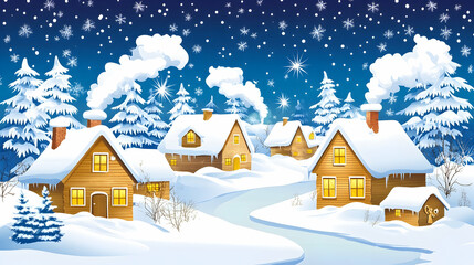 Cozy winter village with snow-covered houses and a winding road.