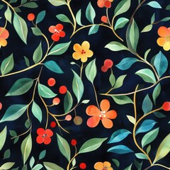 A vibrant floral pattern featuring colorful flowers and leaves against a dark background, creating an artistic and lively design.