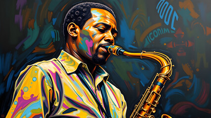 Colorful painting of an African man playing the saxophone, capturing the vibrancy and energy of jazz music. Generative AI