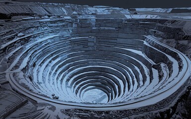 Fototapeta premium detailed line drawing of a vast open-pit mine with tiered levels descending into the earth.