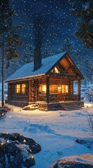 Fototapeta premium Cozy Wooden Cabin in a Snowy Landscape at Night