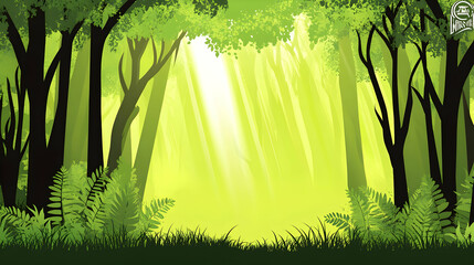 Obraz premium Sunlight beams through the trees in a lush green forest.