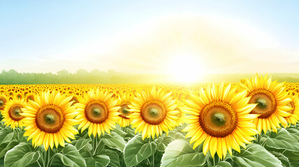 Obraz premium Sunlit field of sunflowers, with a bright blue sky in the background.