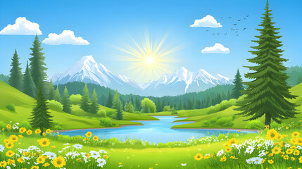 Sunny day in mountain valley with lake, meadow, forest and snow-capped peaks.