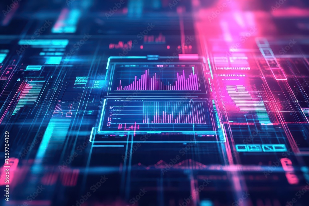 Aufkleber Digital portfolio interface with inflation data rising, futuristic design, chrome and neon accents, 3D rendering with deep depth