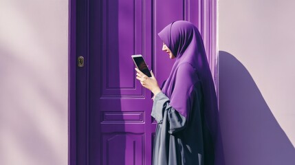 Mysterious Allure: A Veiled Figure in a Vibrant Purple Doorway