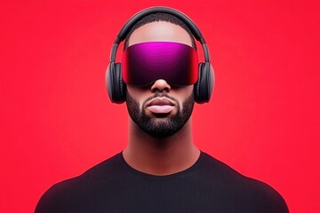 Futuristic technology concept: man with vr headset and headphones on vibrant red background