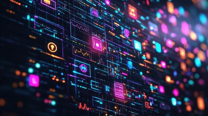 Fototapeta premium Digital inflation chart blending into a portfolio screen, financial icons glowing in psychedelic colors, surreal 3D style, high detail