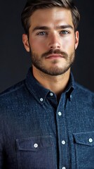 Obraz premium A handsome man with a beard and piercing blue eyes looks intently at the camera
