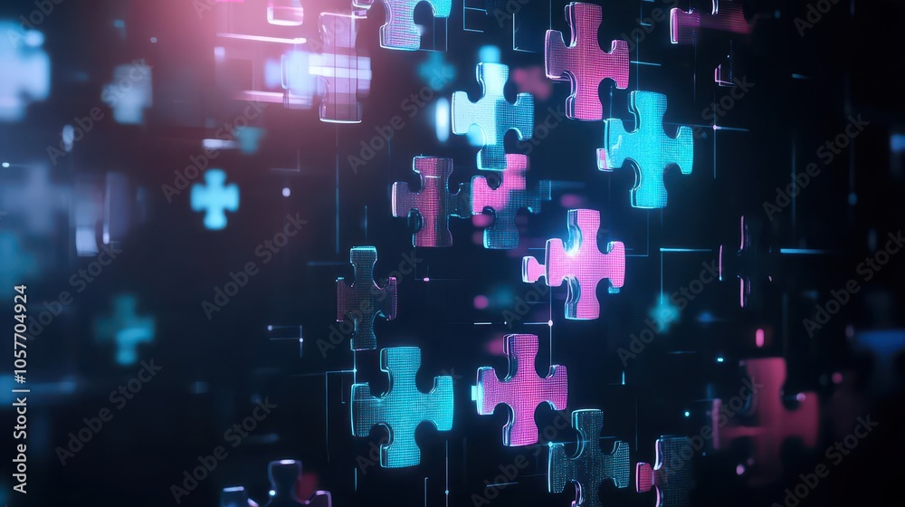 Poster Digital puzzle pieces, floating holographic elements, futuristic data visualization, dark background