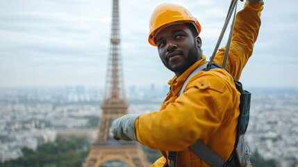 Maintenance Worker Suspended in Mid Air Beside Tower