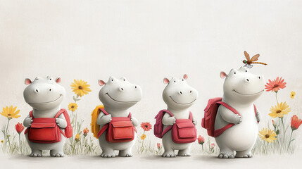 Cute baby hippos with colorful backpacks are happily heading to adventure in flower filled landscape. Their cheerful expressions and vibrant surroundings create joyful scene