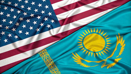 Close-up of the United States and Kazakhstan flags, symbolizing international relations and diplomacy. The image conveys themes of friendship, cooperation, and patriotism.