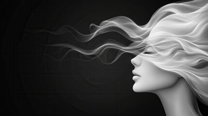 white digital drawing of flowing hair against black background, showcasing elegance and movement. artwork captures serene expression and dynamic hair flow