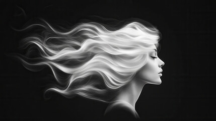digital drawing of flowing white hair against black background, showcasing elegance and movement. artwork captures serene expression and ethereal beauty