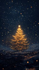 Naklejka premium Glowing Christmas tree with sparkling lights under a starry night sky in winter