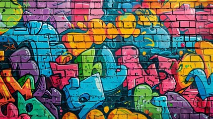 A vibrant colorful graffiti mural adorns a brick wall. Creative street art.