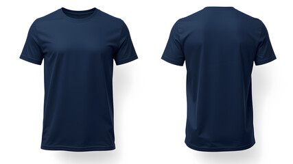 Crisp white background showcases sleek navy blue t-shirt mockup featuring clean front and back views. Generative AI