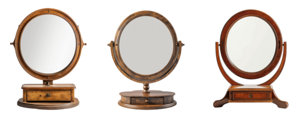 Round vintage wooden table top mirror with a blank isolated on a white or transparent background, Cut out PNG