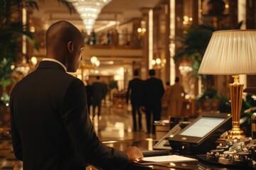 Elegantly dressed concierge at luxurious hotel lobby reception desk in evening