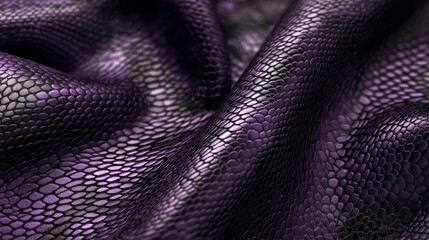 Detailed close-up of snake skin texture with purple tones, showcasing shiny, overlapping scales in an abstract, wavy pattern..