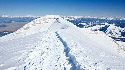A snowy mountain ridge with a path leading to the peak.