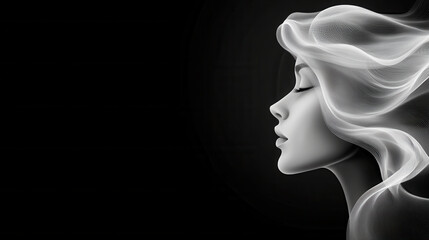 digital drawing of flowing hair in black and white, showcasing elegance and beauty. smooth lines create serene profile against dark background