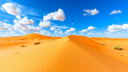 A vast expanse of red sand dunes under a bright blue sky with white clouds.