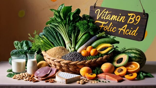 Various fresh food vegetables, fruits, with the sign inscription vitamin B9 Folic acid