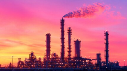 Fototapeta premium Panoramic View of a Petrochemical Refinery at Dusk