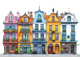 Fototapeta premium Colorful buildings in a row with unique architectural designs, white isolate background.