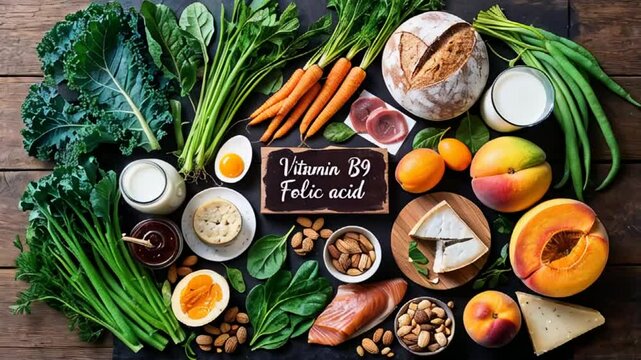 Various fresh food vegetables, fruits, with the sign inscription vitamin B9 Folic acid