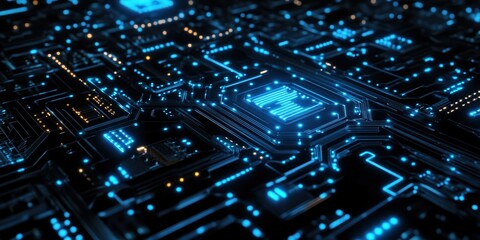 Futuristic circuit board with glowing blue lights and advanced digital design elements.