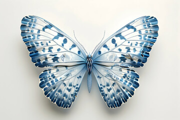 A blue and white butterfly with intricate patterns on its wings against a white background.
