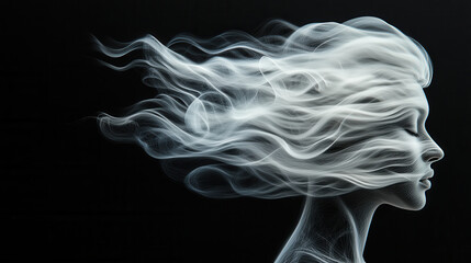 white digital drawing of flowing hair against black background, showcasing ethereal movement and grace. artwork captures sense of tranquility and fluidity