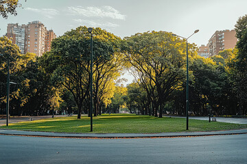 Naklejka premium Street with a sidewalk and trees on both sides. The trees are green and the sky is blue