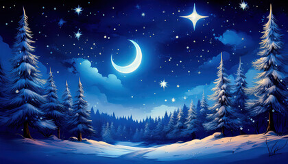 A night sky scene with large, shining stars and a crescent moon above a snow-dusted forest, creating a serene winter atmosphere.