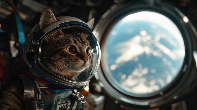 A cute cat wearing an astronaut helmet gazing out at Earth from a spacecraft window.