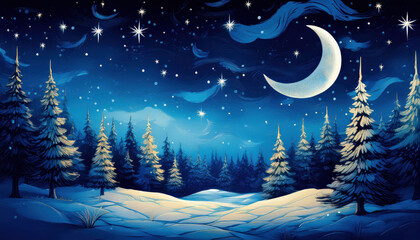 Naklejka premium A night sky scene with large, shining stars and a crescent moon above a snow-dusted forest, creating a serene winter atmosphere.