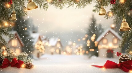 Peaceful winter scene with snow-covered village and festive decor for christmas and holiday celebrations.