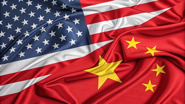 A detailed image of the United States and China flags interwoven, symbolizing international relations, diplomacy, and trade.