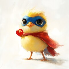 Fototapeta premium A cute yellow chick wearing a blue mask and red cape holds a red ball in its tiny hand.