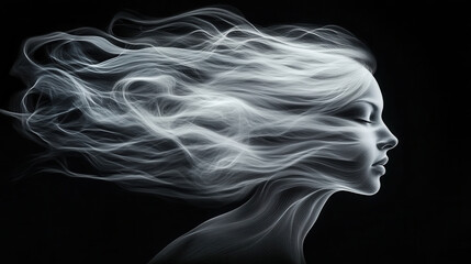 white digital drawing of flowing hair and serene face, capturing ethereal beauty and movement. artwork evokes sense of tranquility and grace