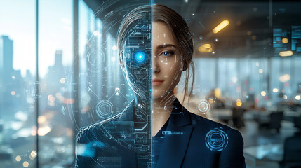 Futuristic woman with AI integration, half cybernetic face, in a modern office setting