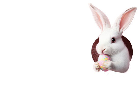 Rabbit holding colorful egg on transparent background