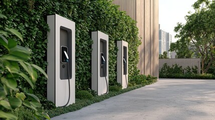 Modern electric vehicle charging stations surrounded by lush greenery in urban environment for sustainable transport solutions