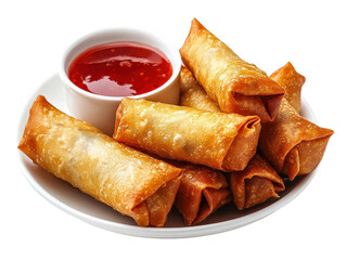 Delicious spring rolls with sweet sauce on a white plate, isolated on white background.