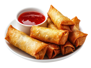 Delicious spring rolls with sweet sauce on a white plate, isolated on white background.