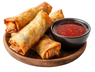 Delicious spring rolls served with spicy dipping sauce, wooden plate, white isolate background.